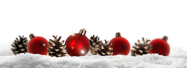 red christmas ball decoration with fir cones in a row  in snow cover isolated on transparent background, happy new years greeting card overlay