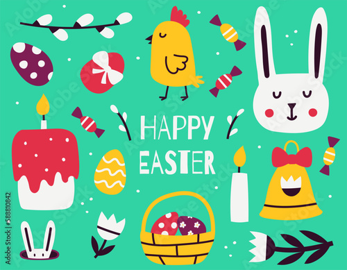 Happy Easter day. Set of simple freehand Easter design elements. Cute characters, clipart, symbols of Easter. Bunny, chicken, eggs, cake. Flat vector illustrations for Easter cards, poster