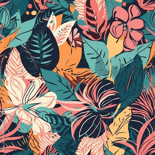 Bring a touch of the tropics to your designs with this modern and colorful floral pattern. Featuring cute botanical elements in an abstract and contemporary seamless design. AI Generation