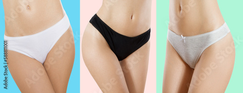 Black white types of panties. Front view. Closeup Women set of different underwear with blank template mockup background. Place for copy space. Female health concept hygiene. Hair removal. Banner