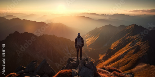 Summit Sunrise. Awe and Accomplishment of a Hiker on a Mountain Peak at Sunrise. Generative AI