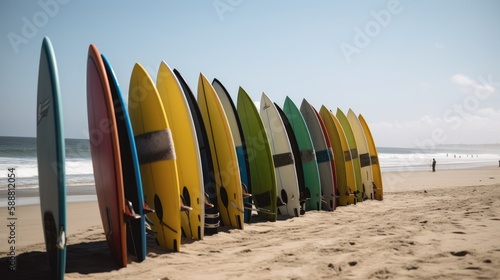 Surfboard Spectrum: A Bright and Colorful Composition on the Beach, AI Generative 
