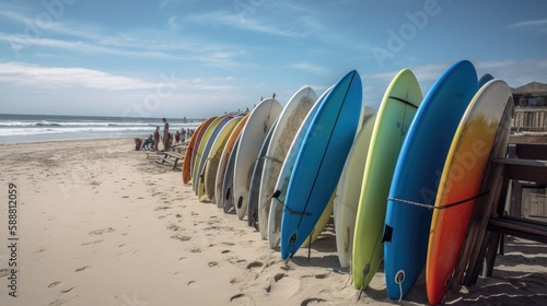 Surfboard Parade: A Canon EOS R Shot of a Colorful Surfboard Rack on the Beach, AI Generative