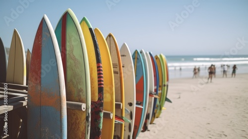 Beach Vibes: A Stunning Capture of Vibrant Surfboards on the Shore, AI Generative 