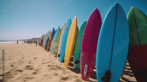 Boardwalk Beauty: A Canon EOS R Shot of Surfboards on Display, AI Generative 
