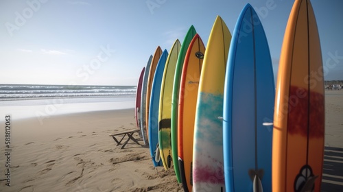 Surfer's Paradise: A Colorful Canon EOS R Image of Surfboards on the Beach, AI Generative