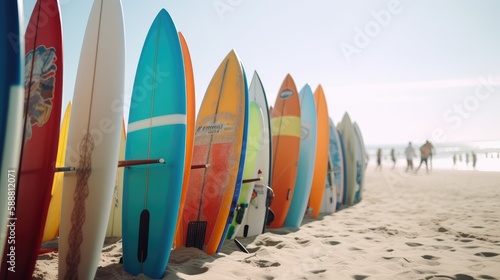 Colorful Dreams: Canon EOS R Shot of Surfboards in a Rack, AI Generative 
