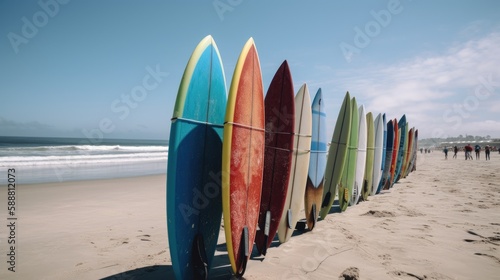 Riding the Waves: A Stunning Capture of Colorful Surfboards on the Beach, AI Generative 