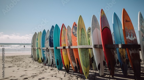 Oceanic Visions: A Stunning Canon EOS R Shot of Surfboards on the Shore, AI Generative 