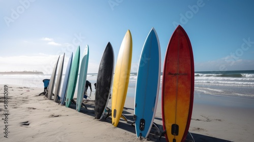 Surfboard Symphony: A Low Angle Canon EOS R Shot of Colorful Surfboards on the Sand, AI Generative