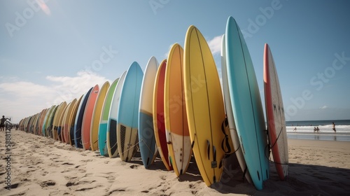 Boardwalk Bliss: A Low Angle Canon EOS R Shot of Surfboards on Display, AI Generative 