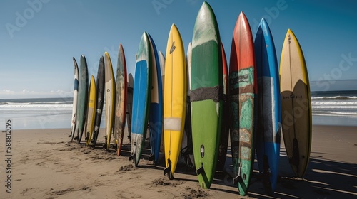 Surfing the Spectrum: A Vibrant Composition of Colorful Surfboards on the Beach, AI Generative