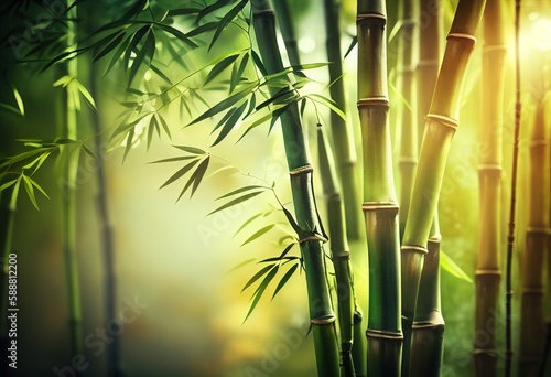 Fresh Bamboo Trees In Forest With Blurred Background.illustration. AI generative.