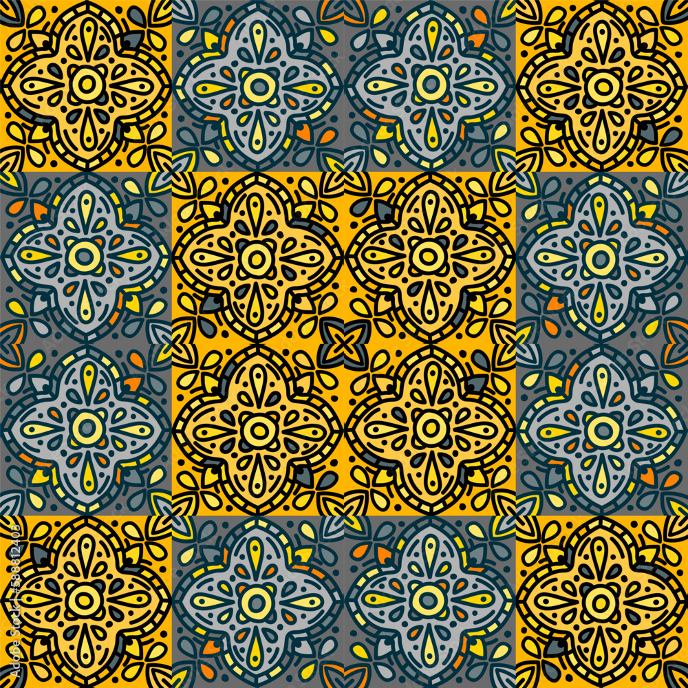 Seamless pattern with mandalas mosaic. Abstract geometric ornamental wallpaper. Vintage decorative tile