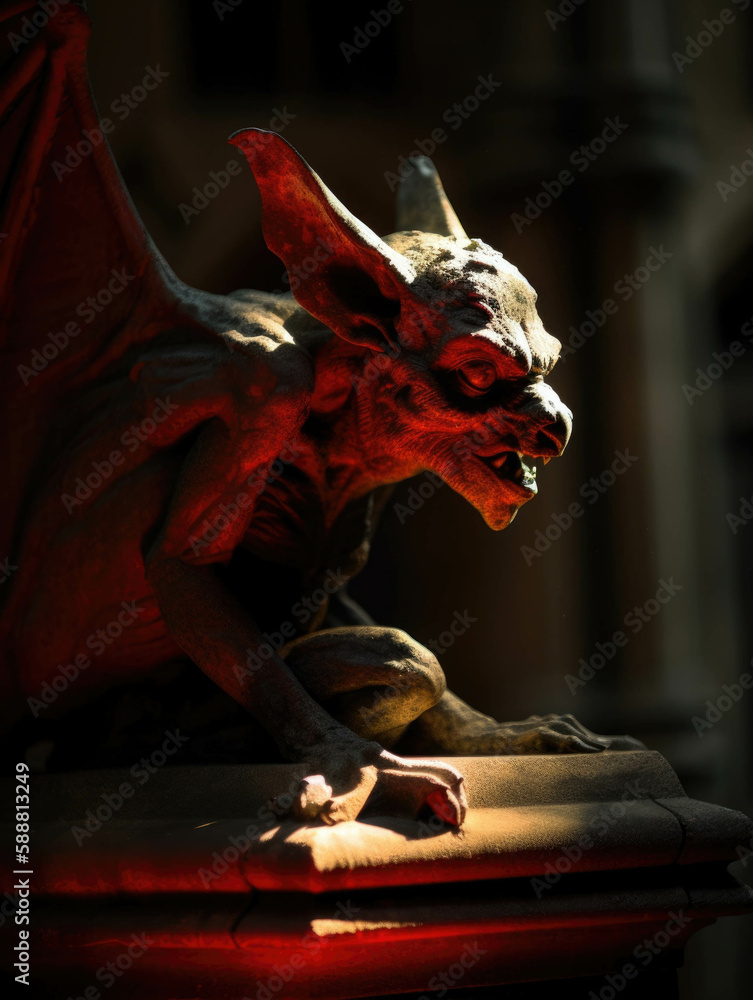 A nightmarish Gargoyle bathed in shadows eyes glowing red with a hidden menace. Gothic art. AI