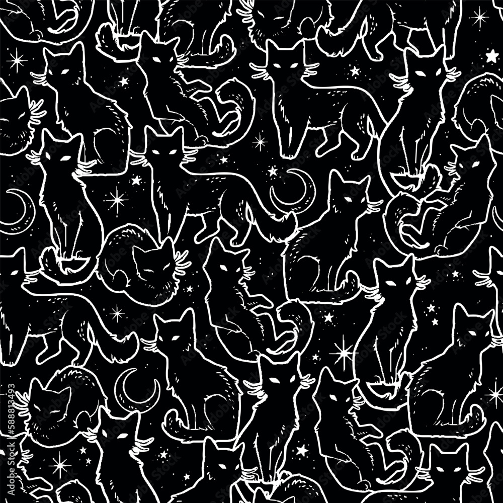 Repeating ornament of magical black cats and stars Repeating ornament of magical black cats and stars