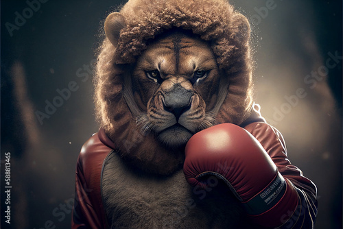 Portrait of a lion in a tracksuit and boxing gloves. AI generated.