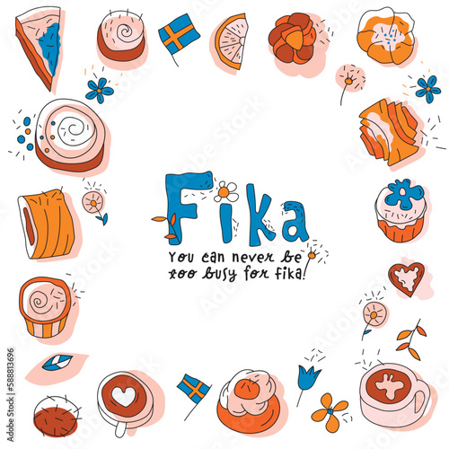 Coffee break decorative poster. Fika background idea
