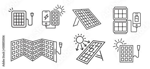 Portable solar panel icons collection. Editable vector illustration