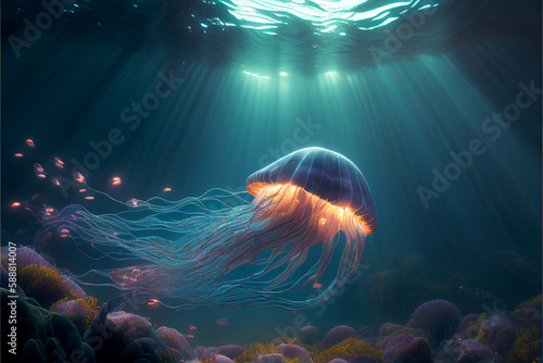 Amazing glowing jellyfish underwater. AI generated.