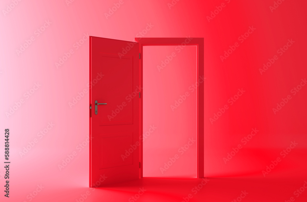 Open the door. Red door, open entrance in red background room. Architectural design element. 3d rendering. Modern minimal concept. Opportunity metaphor. Open the door. Red door, open entrance in red background room. Architectural design element. 3d rendering. Modern minimal concept. Opportunity metaphor.