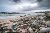 The seashore is filled with plastic debris. plastic environmental pollution. generative AI