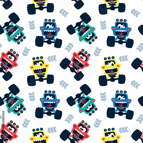 Seamless pattern, Funny cartoon cute monster trucks isolated on white background illustration vector.