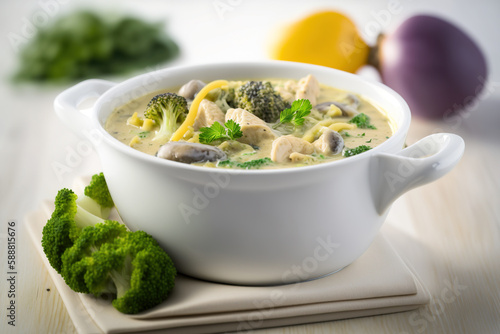 Creamy chicken and broccoli soup on a white table.