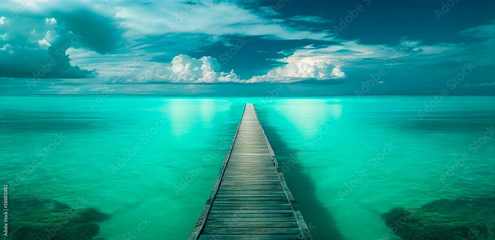 Idyllic ocean summer view. old wooden pier going into the blue lagoon. generative ai