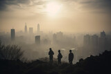People in respirators and masks against the backdrop of urban smog. Generative AI	