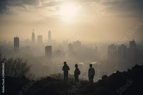 People in respirators and masks against the backdrop of urban smog. Generative AI 