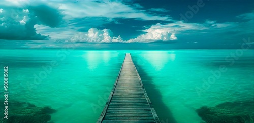 Idyllic ocean summer view. old wooden pier going into the blue lagoon. generative ai © Yordan