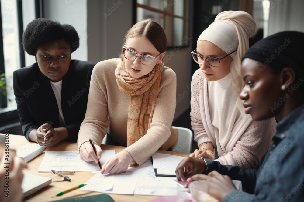 Group of women working together on a project in the office. Generative AI
Group of women working together on a project in the office. Generative AI