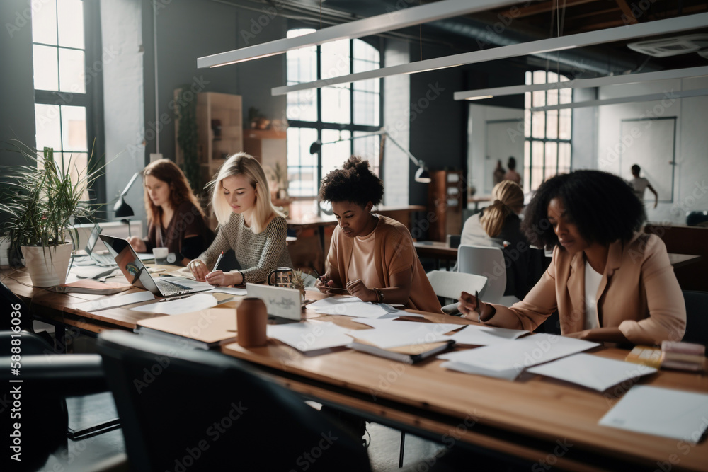 Group of women working together on a project in the office. Generative AI Group of women working together on a project in the office. Generative AI
