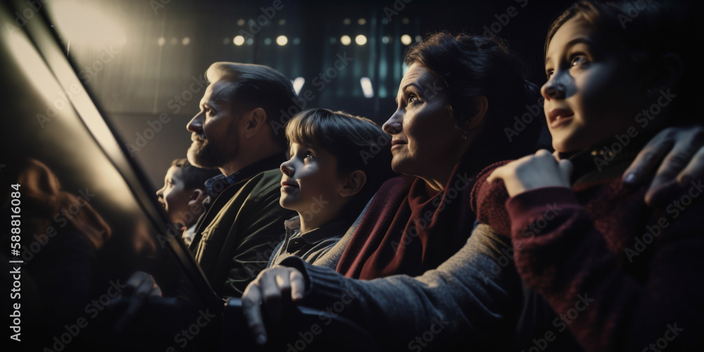 Family with children in the cinema watching a movie. Generative AI	
