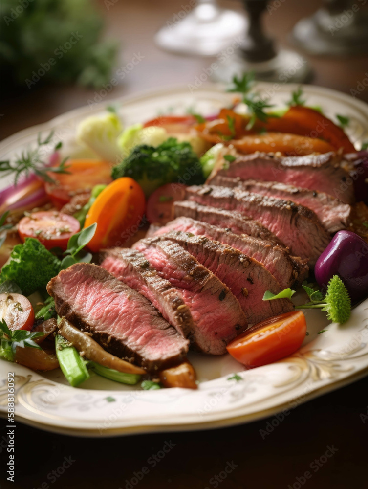 A savory plate of thinly sliced steak served over a bed of vegetables and herbs.. AI generation. A savory plate of thinly sliced steak served over a bed of vegetables and herbs.. AI generation.