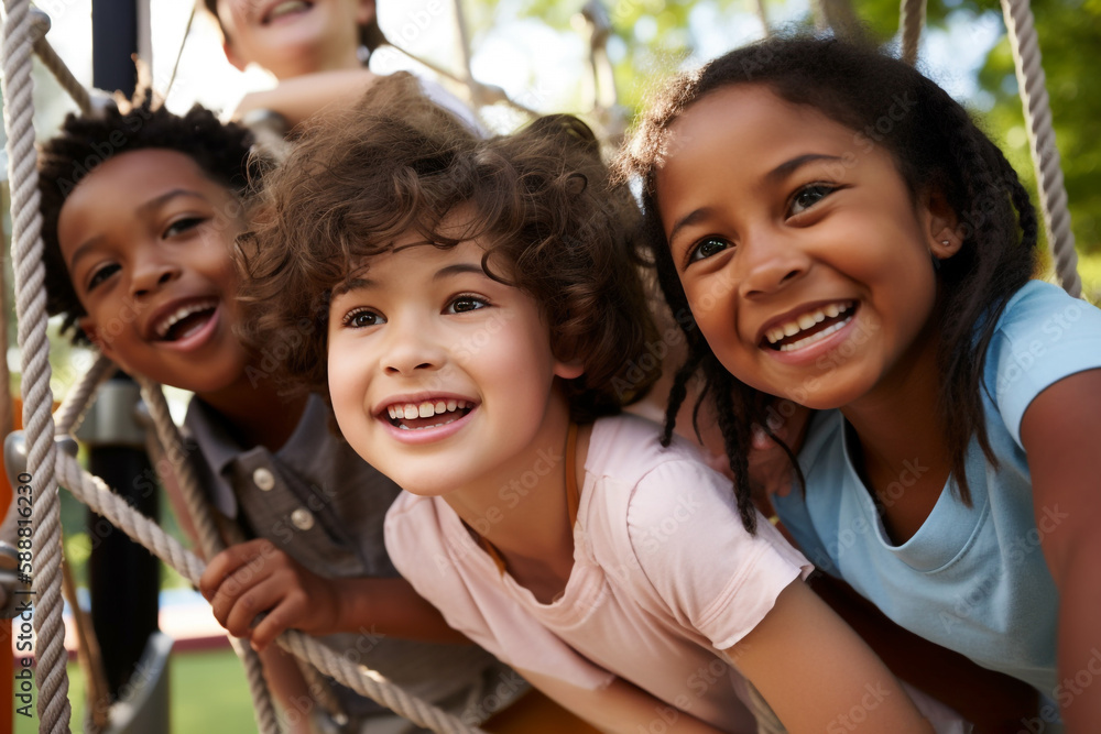 Multiracial group of kids having fun in the playground. Generative AI ...