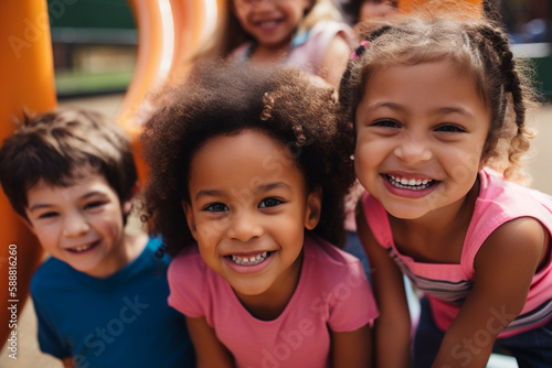 Multiracial group of kids having fun in the playground. Generative AI	
