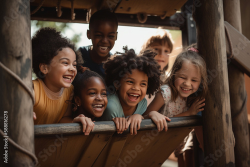 Multiracial group of kids having fun in the playground