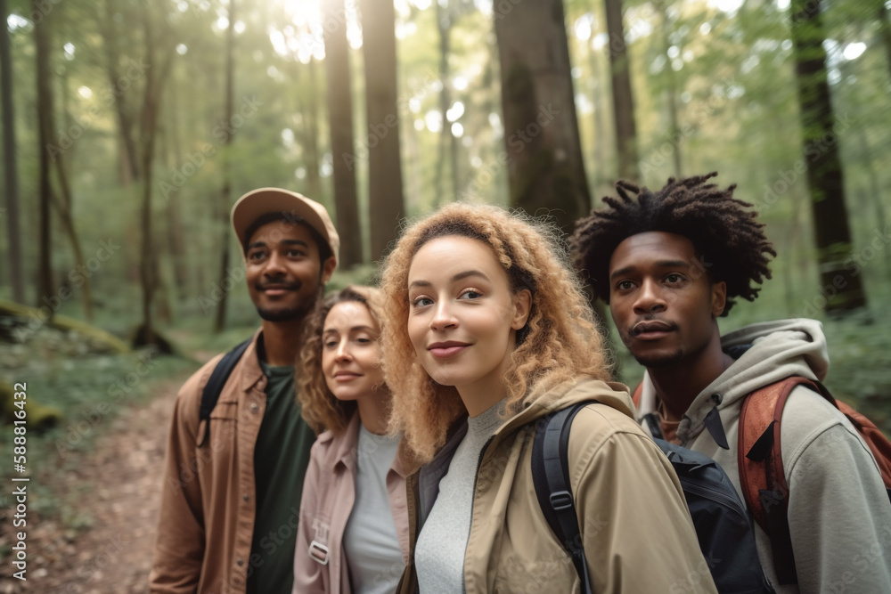 Portrait of a group of friends on a hike against the backdrop of nature. Generative AI
Portrait of a group of friends on a hike against the backdrop of nature. Generative AI