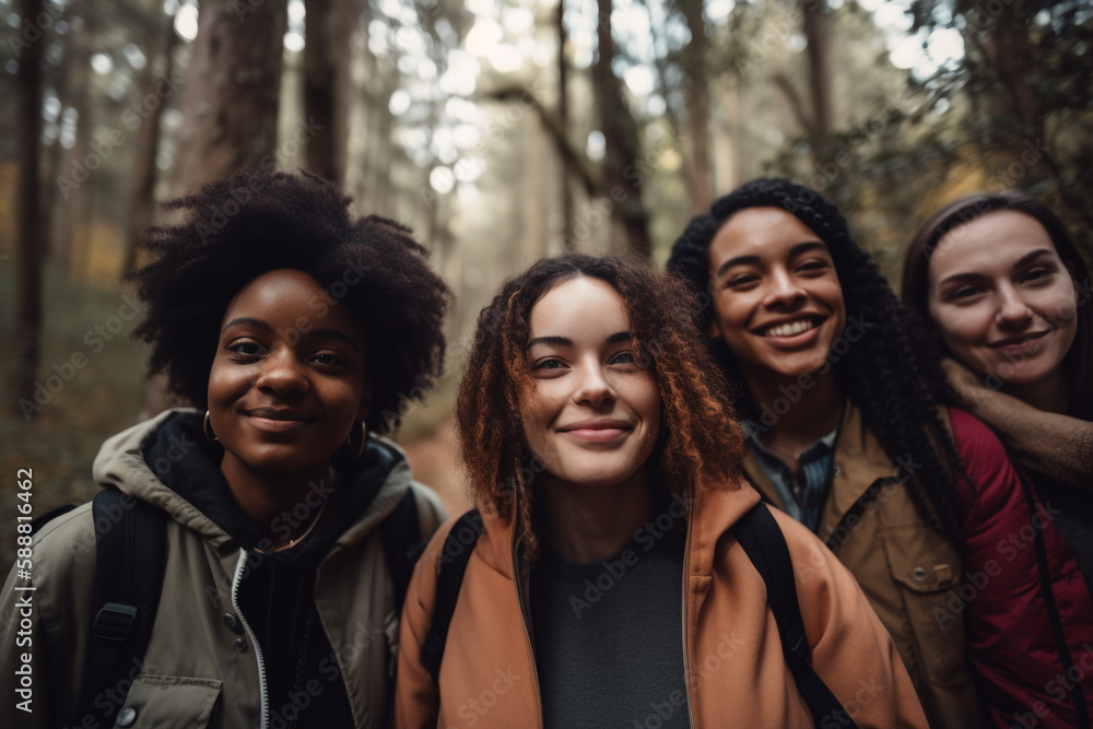 Portrait of a group of friends on a hike against the backdrop of nature. Generative AI
Portrait of a group of friends on a hike against the backdrop of nature. Generative AI