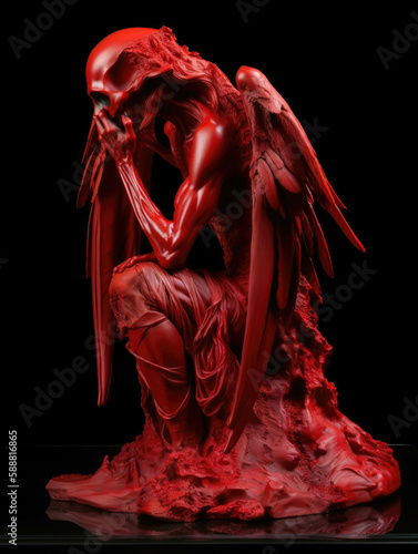 A sculpture of a broken angel bathed in a hellish red light. Gothic art. AI generation.