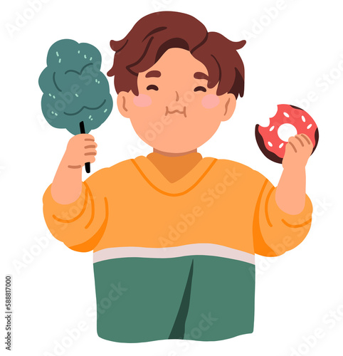Cute kid eating sweet food, yummy snacks. Happy child holding donut and sugar cotton candy floss in hands. Funny boy enjoying confectionery. Flat illustration isolated on white background