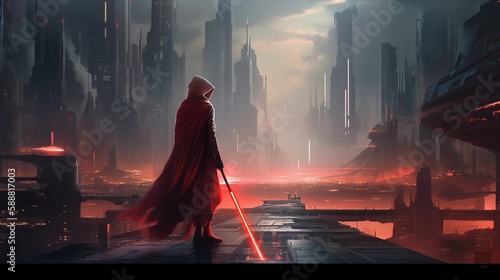 Unidentified Jedi with the red light saber. Generative AI