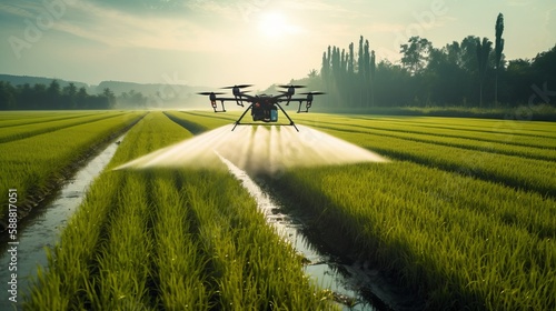 Drone flying and spraying fertilizer on the agriculture fields. Generative AI