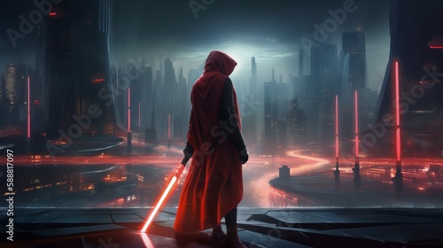 Unidentified Jedi with the red light saber. Generative AI