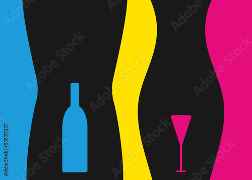 conceptual illustration of body of man and woman heterosexual with bottle and wine glass in a colorful background