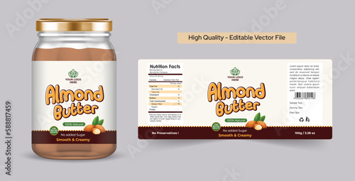 Almond butter label design, Organic Almond butter Jar label Illustration with realistic glass jar mockup. Almond butter logo and label packaging template design editable vector file.