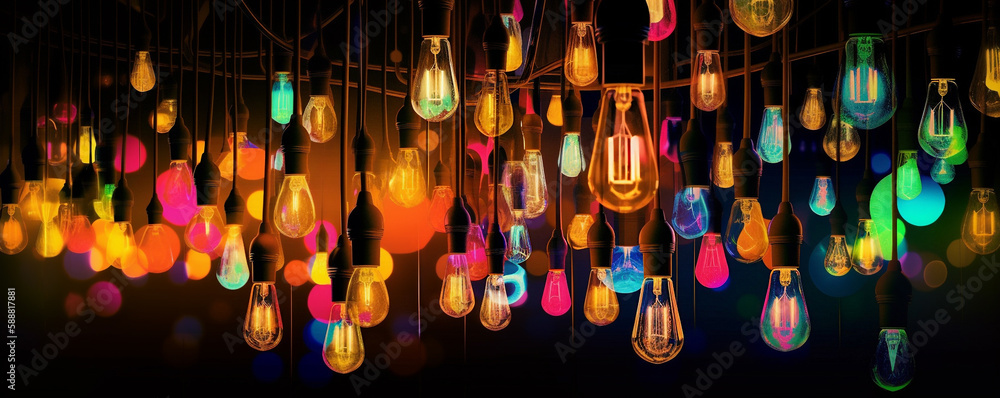 Naklejka premium Multicolored glowing light bulbs and different geometric shapes on a dark background. generative AI