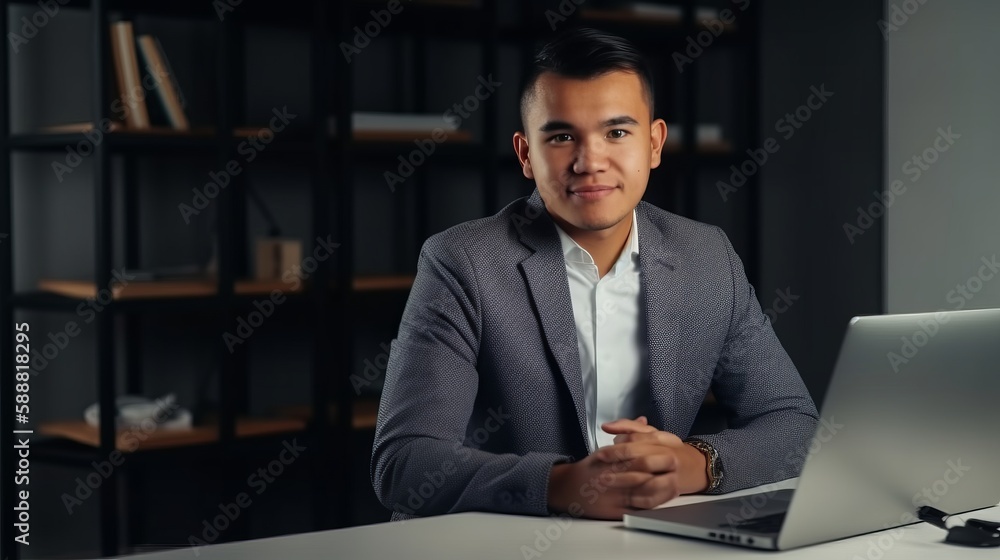 Young smiling man in a classic suit isolated holding crossed hands looking at the camera. Generative AI Young smiling man in a classic suit isolated holding crossed hands looking at the camera. Generative AI